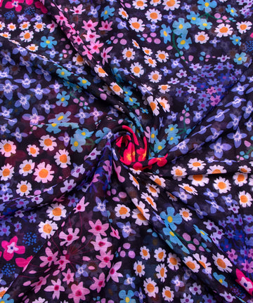 Dark Blue Floral Digital Printed Chiffon Fabric